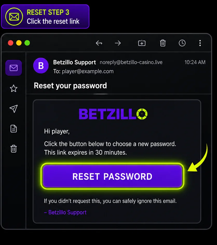 Reset step 3: click the RESET PASSWORD link in the email from Betzillo support